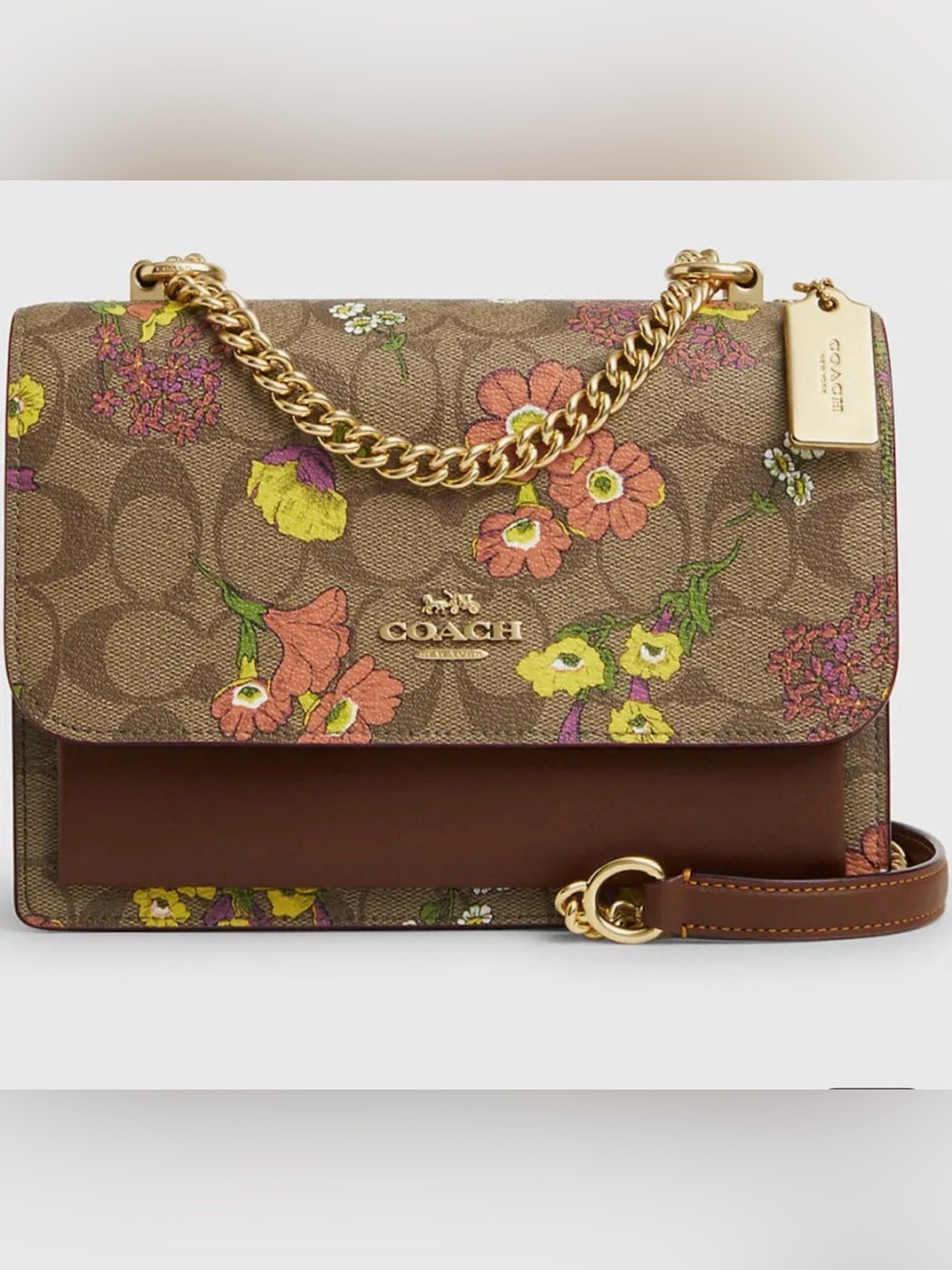 Coach Floral Signature Chain Crossbody in Brown with Multicolor Blooms